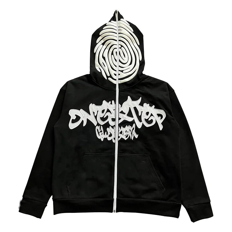 Y2K Zip Hoodie Irregular Pattern Goth Pullover Gothic Long Sleeve Over