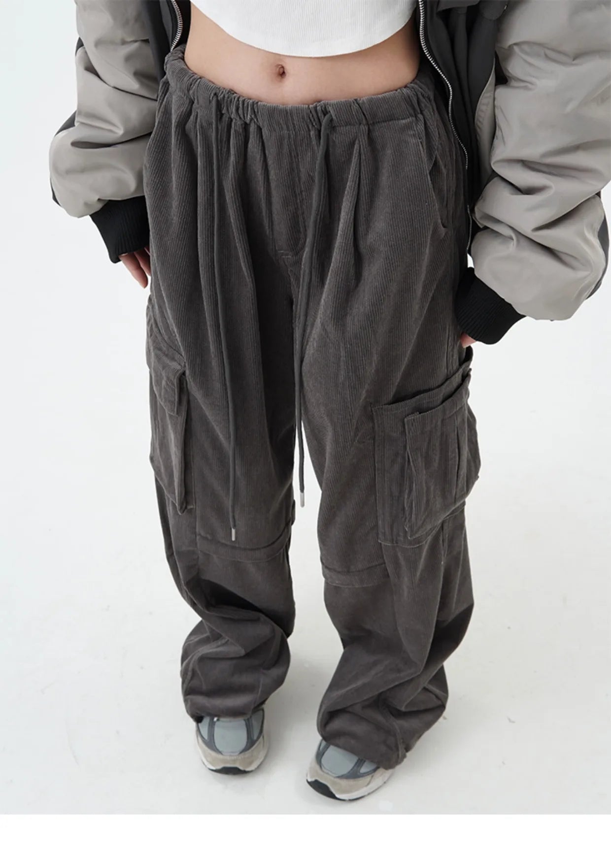 women high street corduroy pants casual elastic waist side pocket loose straight pant unisex hip hop y2k loose streetwear jogger unique joggers style 2364