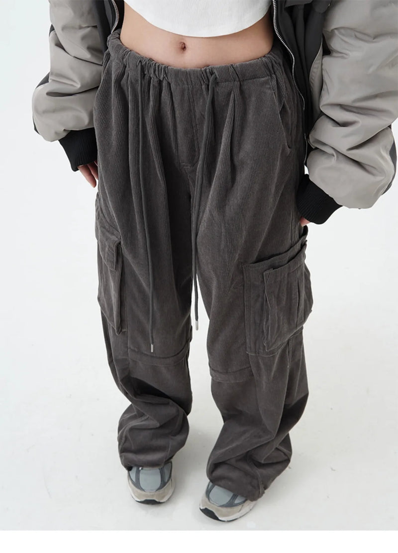 women high street corduroy pants casual elastic waist side pocket loose straight pant unisex hip hop y2k loose streetwear jogger unique joggers style 2364