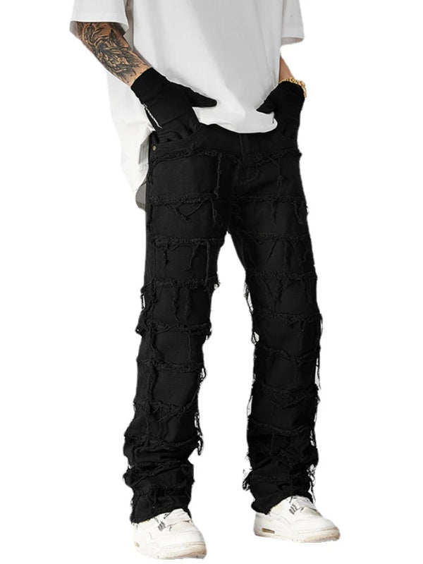 destroyed ripped pieced patchwork denim jean pants casual straight biker trousers mens fashion y2k hip hop streetwear joggers casual joggers