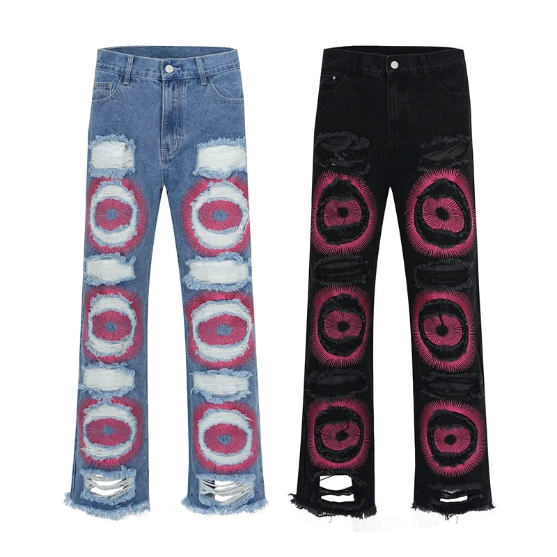 y2k streetwear embroidered ripped wide jeans for men washed destroyed torn flared jean male tassels hip hop jeans pants baggy unique jeans style 693