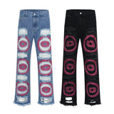 y2k streetwear embroidered ripped wide jeans for men washed destroyed torn flared jean male tassels hip hop jeans pants baggy unique jeans style 693