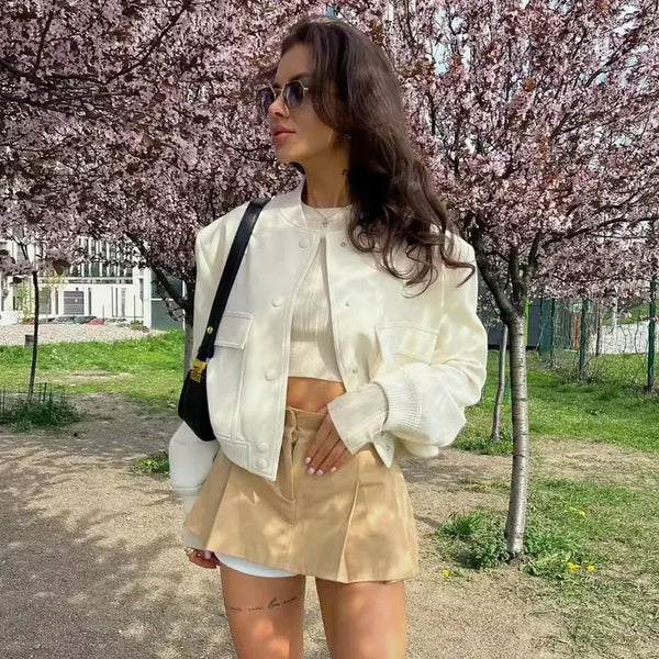 Women Bomber Jacket White Autumn And Winter Button Baseball Bomber Sho