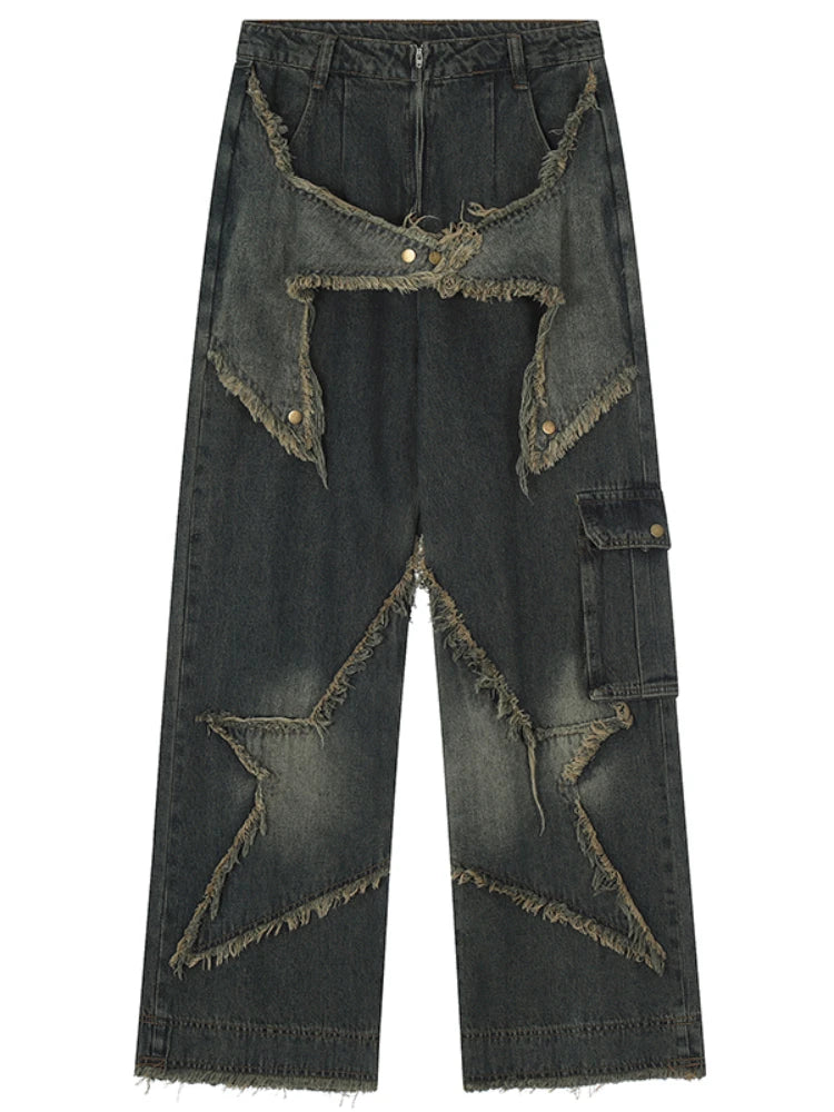 fashion patchwork frayed star denim straight jean pant men casual side pocket y2k trouser unisex hip hop streetwear jeans pants denim street jeans