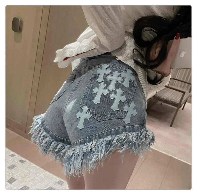 Raw Edge Fringe Gothic Style Denim Shorts Female Summer American Street High Waist Design Sense Casual A Word Super Short