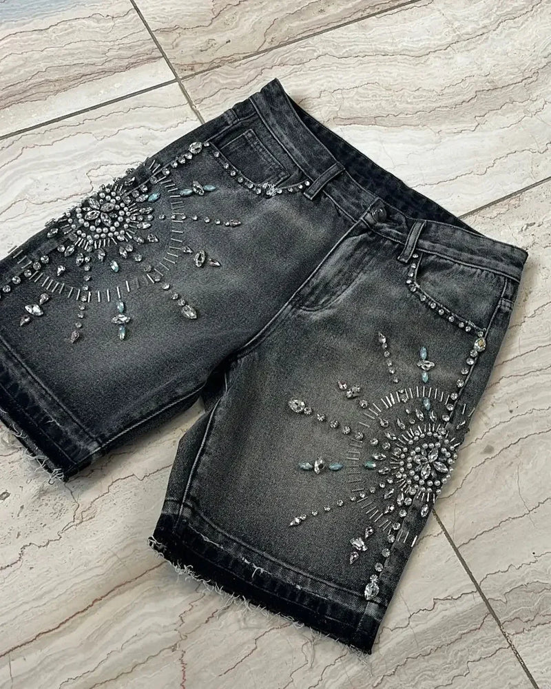 Denim Gym Shorts Men Women Y2K Hip Hop Retro Rhinestones Streetwear Shorts Gothic Baggy Jeans High Waist Basketball Shorts