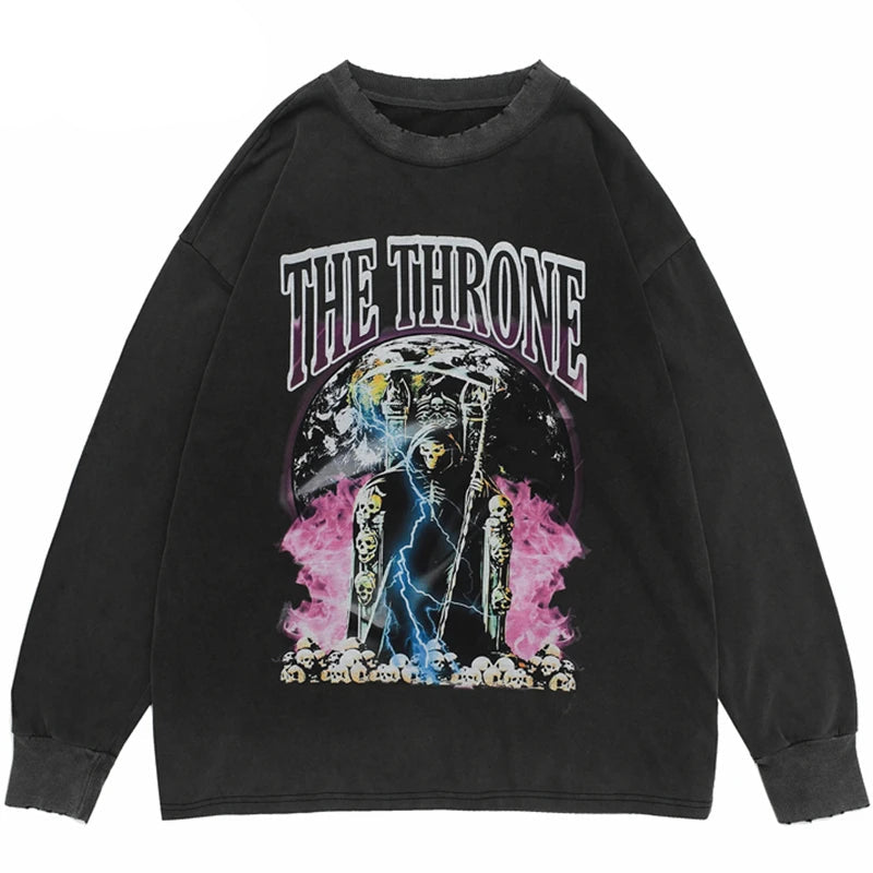 Hip Hop 2023 Men Streetwear Sweatshirt Skull Lightning Print Pullover Ripped Hole Sweatshirt Harajuku Cotton Loose Sweat Shirt