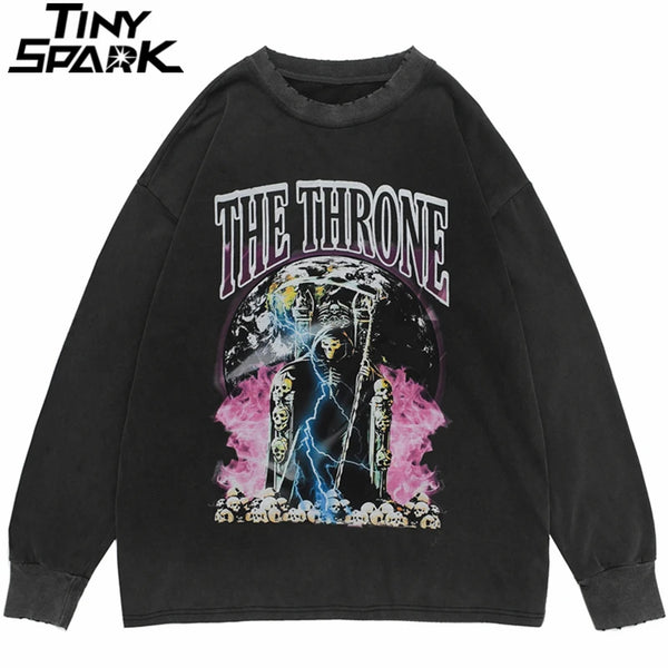 Hip Hop 2023 Men Streetwear Sweatshirt Skull Lightning Print Pullover Ripped Hole Sweatshirt Harajuku Cotton Loose Sweat Shirt