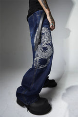mens black baggy jeans dragon embroidered straight jeans streetwear hip hop loose trousers male luxury designer denim pants unique jeans style 1995