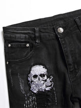 skull embroidery jeans ripped holes denim pants men zipper biker jeans streetwear slim fit y2k punk hip hop casual pants joggers streetwear sweatpants