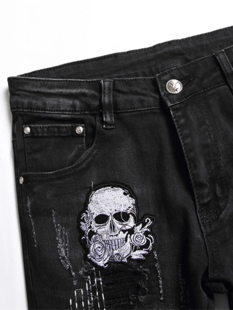 skull embroidery jeans ripped holes denim pants men zipper biker jeans streetwear slim fit y2k punk hip hop casual pants joggers streetwear sweatpants