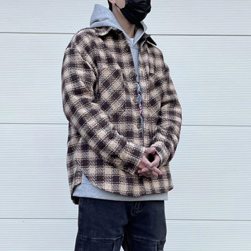 Mens Plaid Shirts New Fashion Single Breasted Hip Hop Loose Shirts Autumn Winter Casual Long Sleeve High Street Streetwear