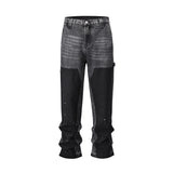 patchwork graffiti black straight denim pants mens vintage patches stitching ink splashed jeans y2k logging cargo pants for male unique cargo style 1479
