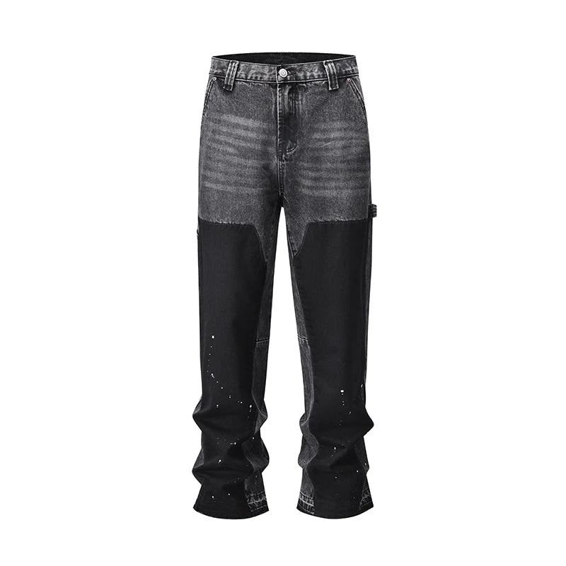 patchwork graffiti black straight denim pants mens vintage patches stitching ink splashed jeans y2k logging cargo pants for male unique cargo style 1479