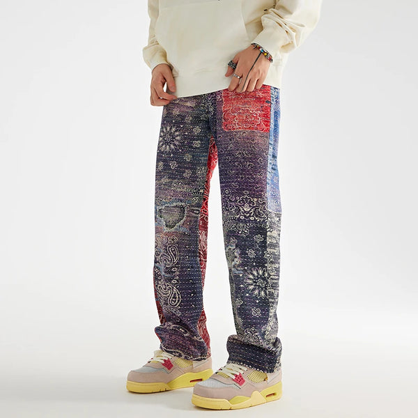 hip hop paisley printed denim jeans mens new casual zipper straight jeans streetwear high street loose pants baggy jeans joggers streetwear sweatpants