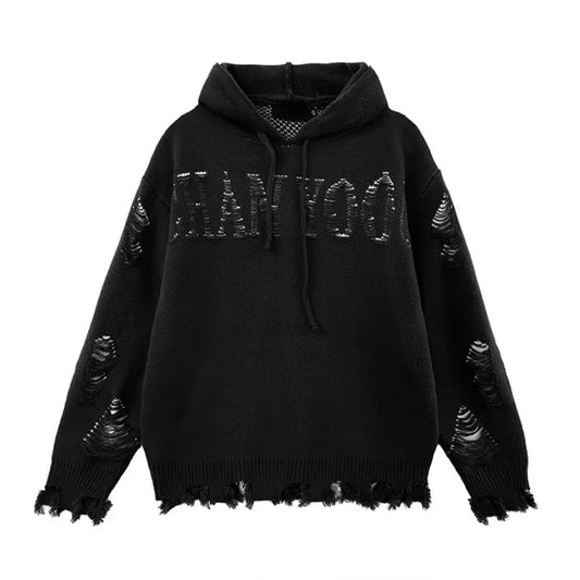 fashion ripped letter knitted hooded sweater unisex hoodies ripped bottom holes knit pullover streetwear loose sweaters clothing - urban fashion pullover, graphic printed hoodie for men and women, bold artwork streetwear hoodie