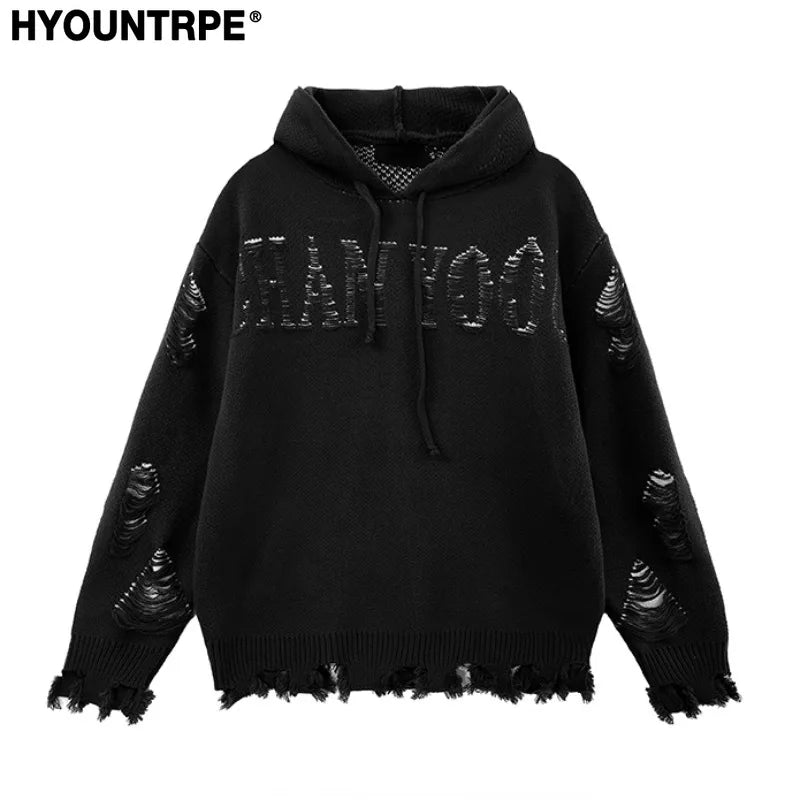 fashion ripped letter knitted hooded sweater unisex hoodies ripped bottom holes knit pullover streetwear loose sweaters clothing - urban fashion pullover, graphic printed hoodie for men and women, bold artwork streetwear hoodie