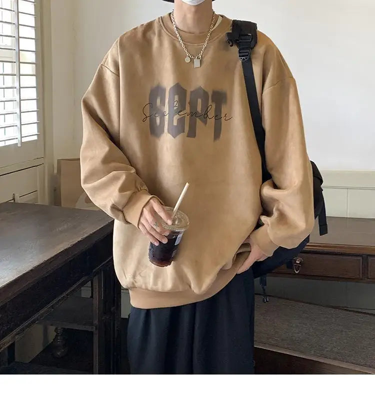 Suede Korean Trendy Round Neck Sweatshirt for Men American Retro Print Trendy Brand Autumn Loose Couple Wear Jacket Tops