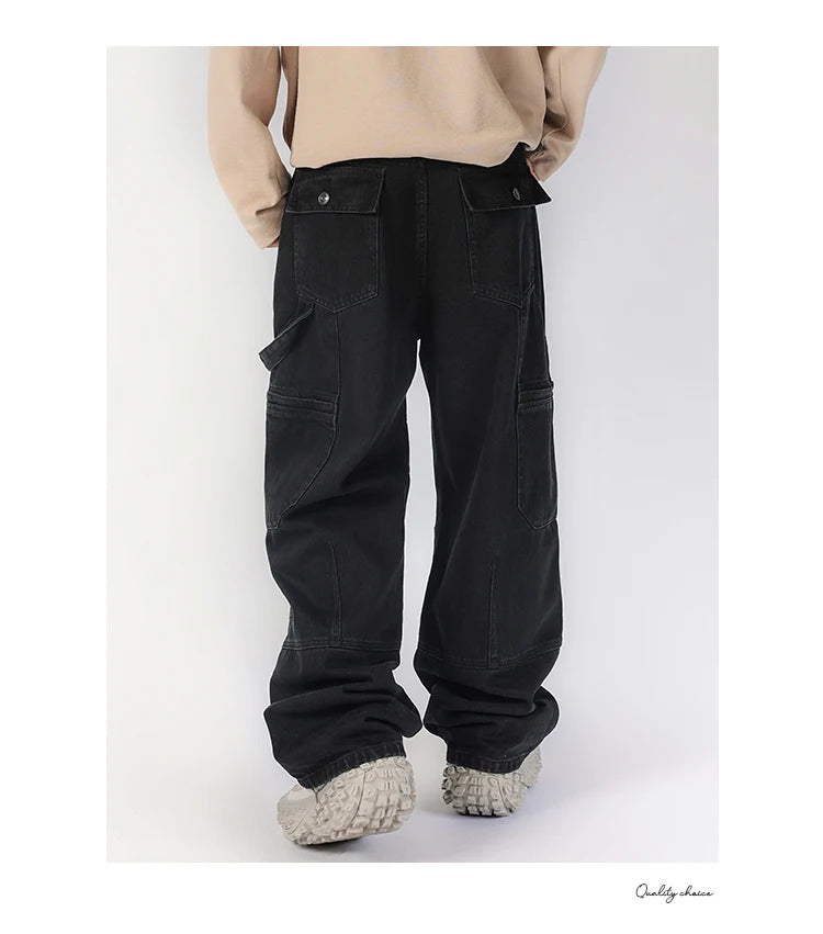 men american streetwear fashion loose casual hip hop wide leg black denim baggy jeans pants man y2k cargo jeans trousers unique cargo style 2346