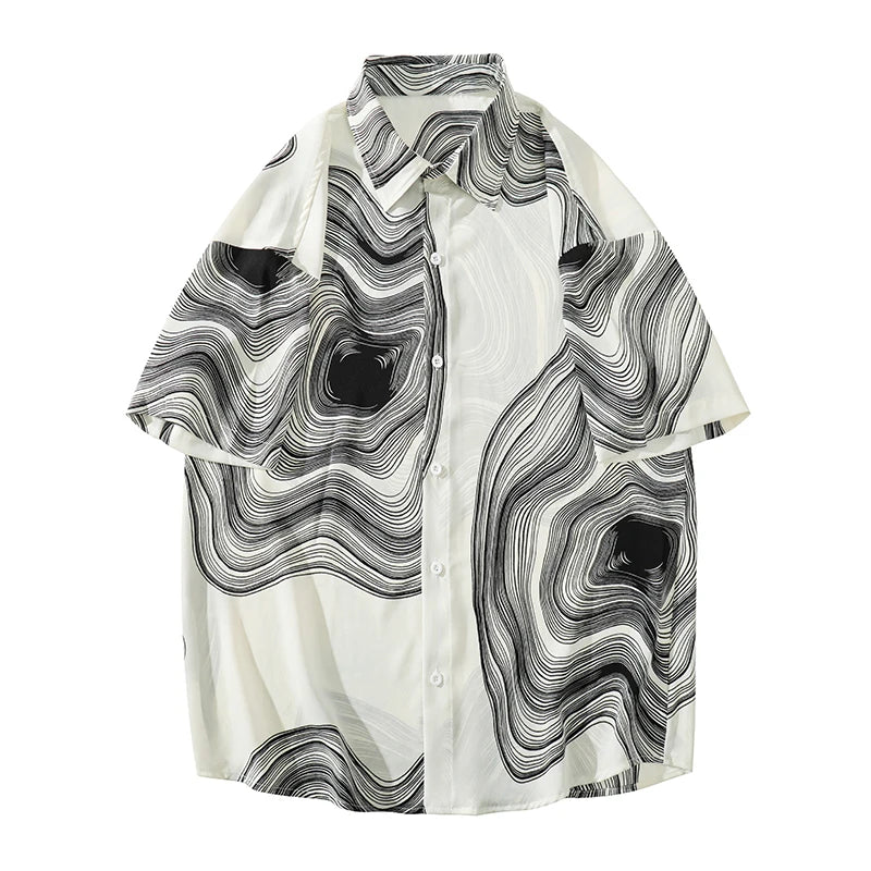 Summer Short Sleeved Shirt Men Retro Printed Shirt Men Streetwear Loose Ice Silk Shirt