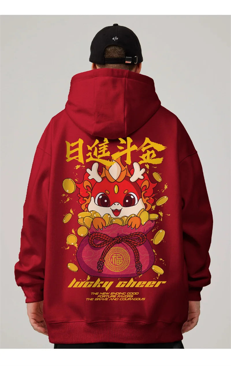 Lucky Cheer Dragon Printed Hoody Man Y2K Streetwear Clothes Fleece Hip