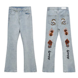 fashion back skull letters embroidery denim flare jeans mens zipper straight trouser hip hop streetwear pants joggers jeans men unique joggers style 621