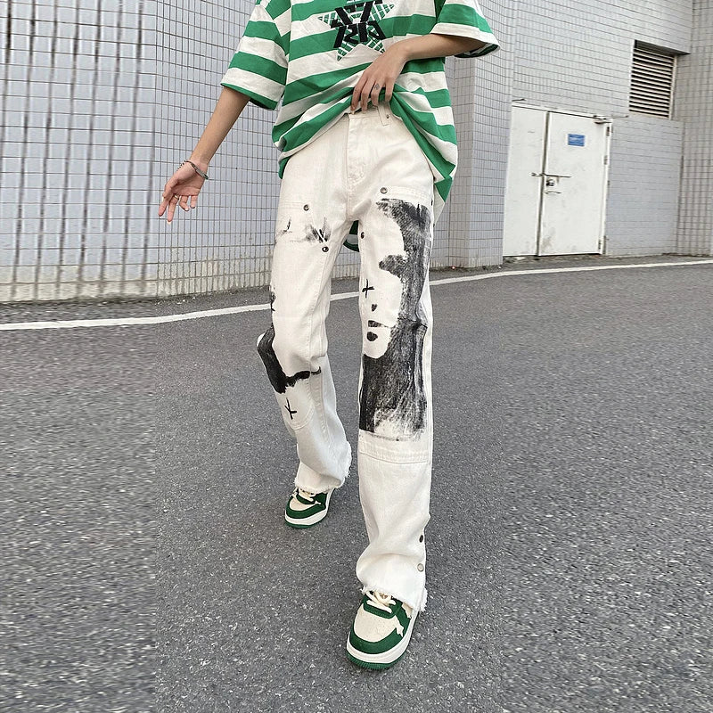 men punk denim pants y2k streetwear hip hop graffiti graphic print straight jeans pants fashion harajuku casual trousers grunge ripped baggy denim