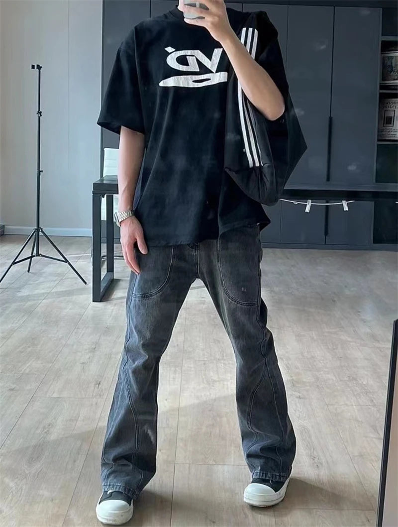 Vintage High Street Black and White Disc Letter Embroidered Round Neck Short Sleeve Heavy Duty Casual Loose T-shirt Hip Hop