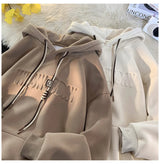 Embossed Letters Casual Hooded Sweatshirt Basic Colours Drawstring Cla