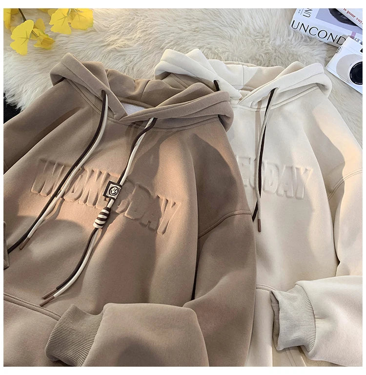 Embossed Letters Casual Hooded Sweatshirt Basic Colours Drawstring Cla