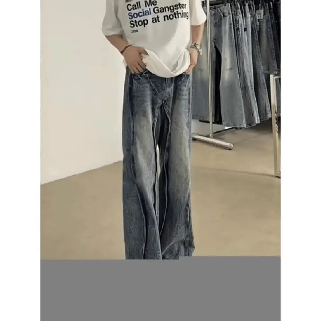 american high street hip hop men and women trendy washed straight leg jeans autumn couple loose micro flared casual pants y2k ripped baggy denim