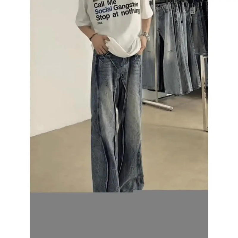 american high street hip hop men and women trendy washed straight leg jeans autumn couple loose micro flared casual pants y2k ripped baggy denim