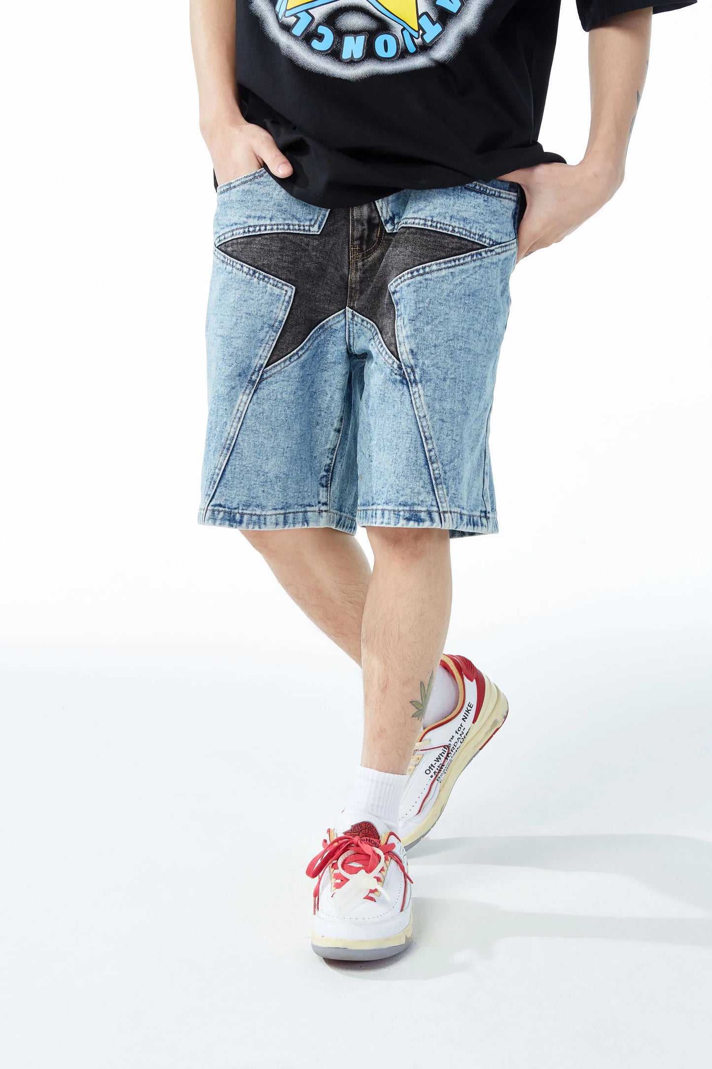 hip hop loose denim shorts pants fashion patchwork stars half pant men summer casual zipper streetwear short joggers men shorts unique joggers style 2828