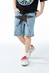 hip hop loose denim shorts pants fashion patchwork stars half pant men summer casual zipper streetwear short joggers men shorts unique joggers style 2828