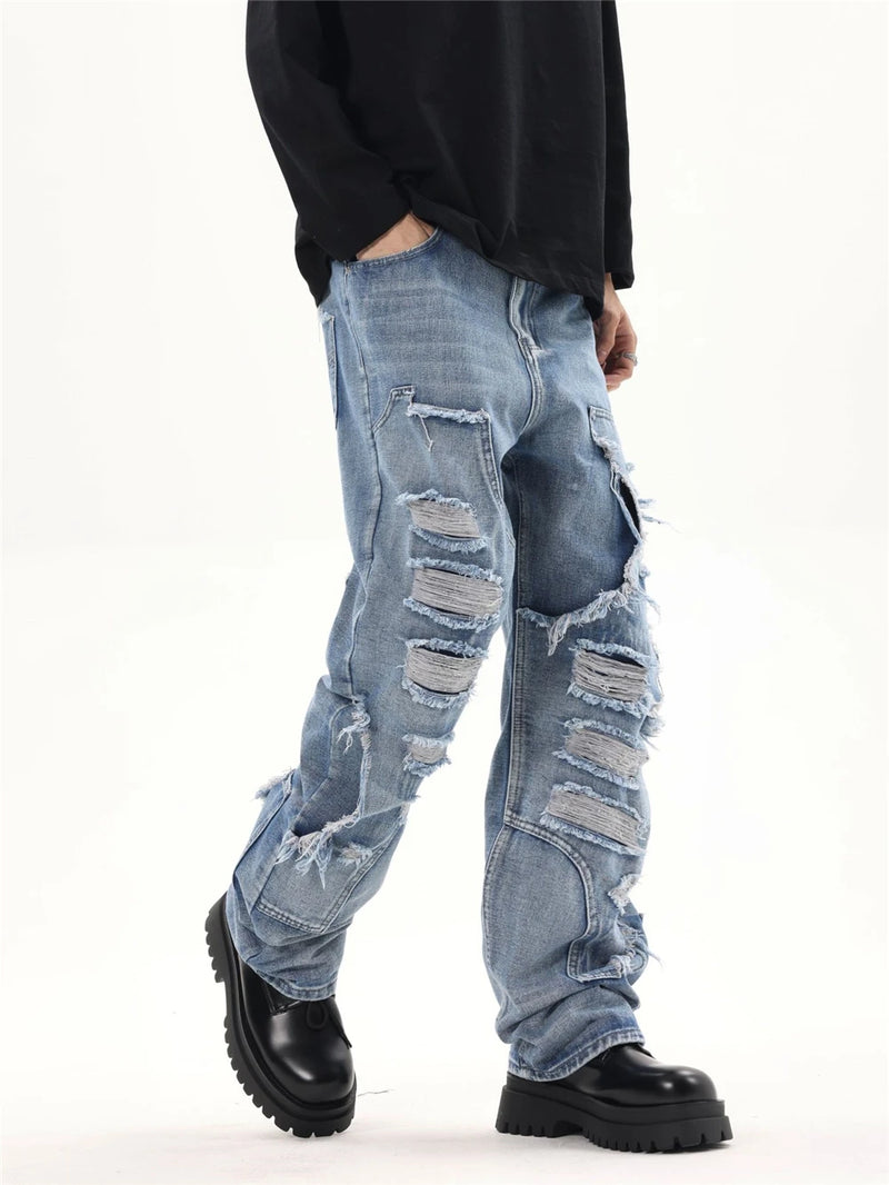 2024 ripped jeans high street straight trousers destroyed hole baggy denim pants vintage retro hip hop unique jeans style 404