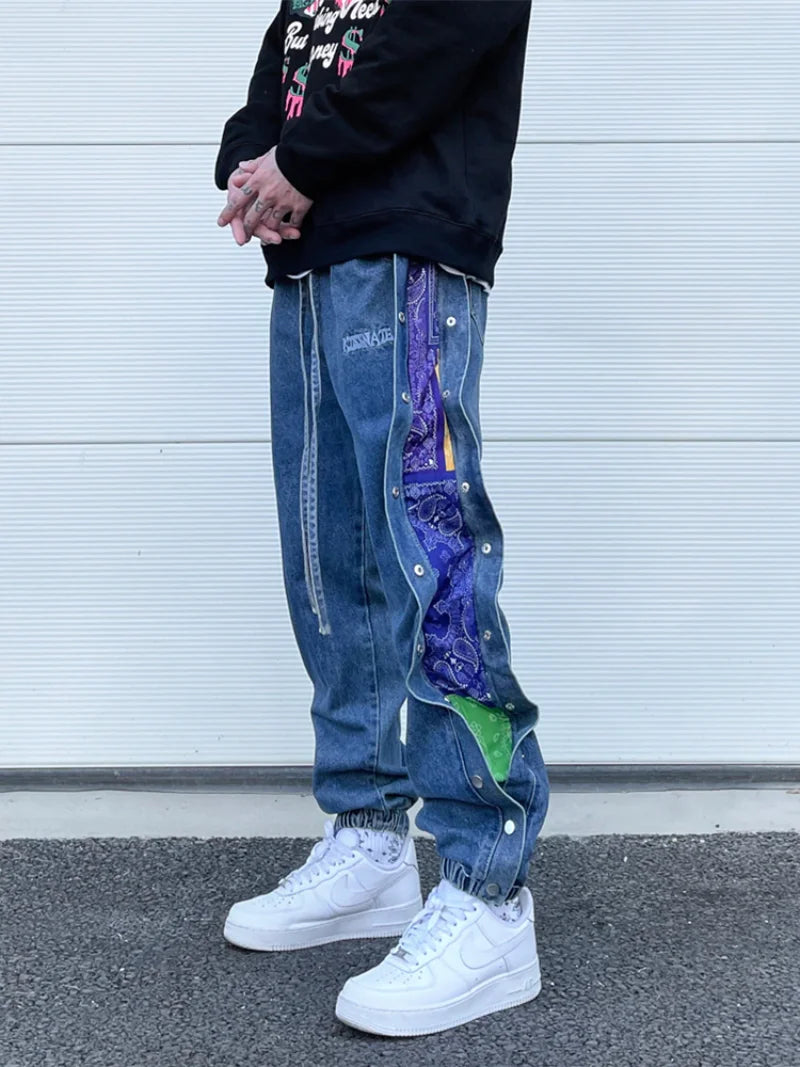 hip hop loose fit elastic waist pants patchwork paisley side bottoms ankle pants mens casual drewstring sportwear pants joggers casual joggers