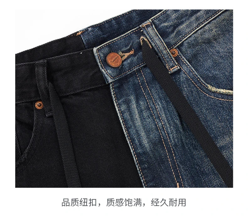 men streetwear fashion black blue splice hip hop loose casual wide leg straight baggy jeans pant cityboy jeans pants trousers unique jeans style 2649