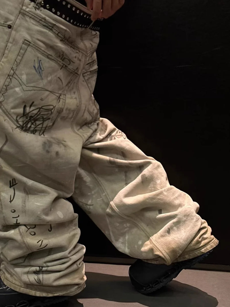hand painted graffiti washed baggy jeans for men and women y2k streetwear pantalones hombre casual denim trousers oversized unique jeans style 6013