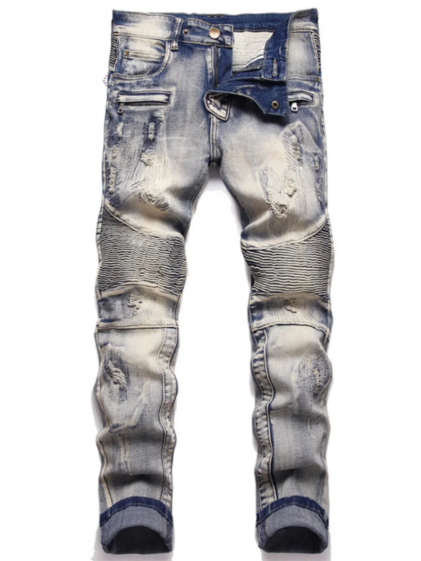 distressed washed pleated denim jean pants new fashion biker jeans streetwear casual slim pants jogger y2k mens skinny joggers relaxed fit joggers