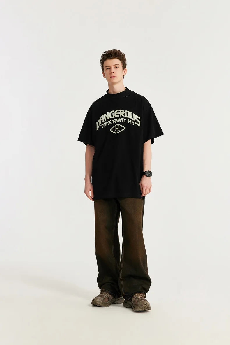 Harajuku Aesthetic piece – Japanese Loose Turtleneck Mens Printed Short Sleeved T Shirt