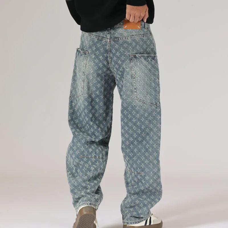men brand fashion loose casual splice pocket jacquard vintage wide leg baggy jeans cityboy denim baggy jeans pants trousers vintage washed jeans
