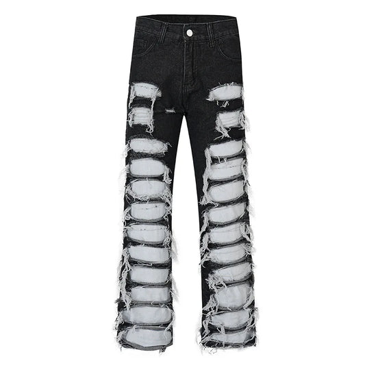 fashion destroyed ripped tassel holes denim jean pants mens casual loose straight baggy y2k jeans hip hop streetwear joggers unique joggers style 6