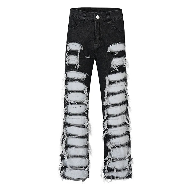 fashion destroyed ripped tassel holes denim jean pants mens casual loose straight baggy y2k jeans hip hop streetwear joggers unique joggers style 6