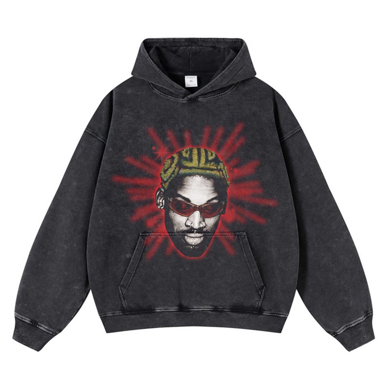 Harajuku Rodman Portrait Graphic Hoodie Sweatshirt Vintage Hip Hop Cotton Loose Heavy Weight Distressed Wash Hooded Hoodie