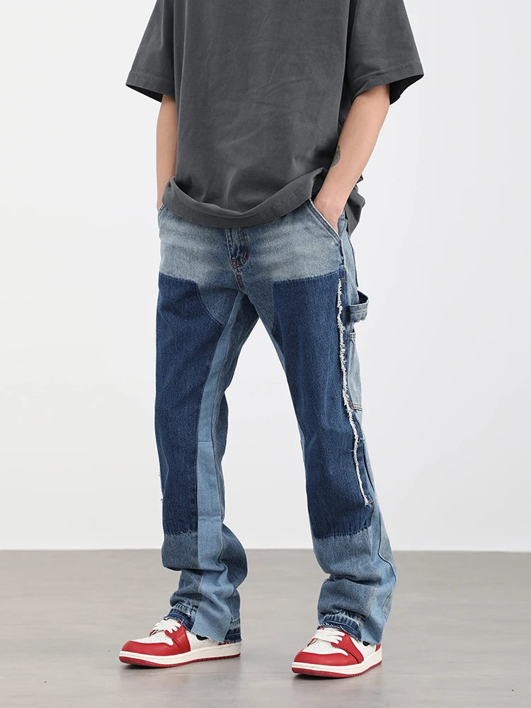 high street fashion contrast straight tube micro flared jean horn pant washing mens tassel vintage patchwork wide denim jeans unique jeans style 4992