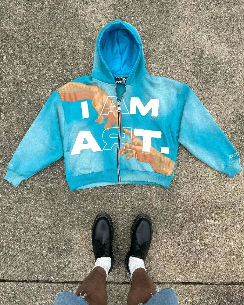 2024 American Trendy Brand Fashion Letter Palm Print Oversized Hoodie