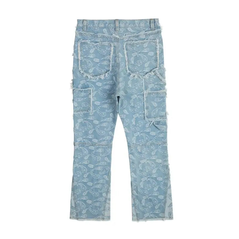 men distressed ripped patchwork paisley denim jean trouser fashion zipper biker jeans streetwear flare pants loose joggers jeans unique joggers style 5038