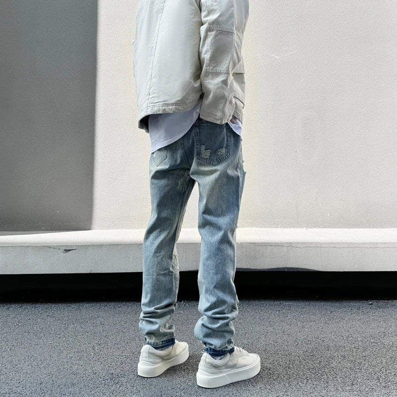 mens high street denim jean pants new casual blue slim ripped holes straight zipper jeans trousers hip hop streetwear joggers casual joggers