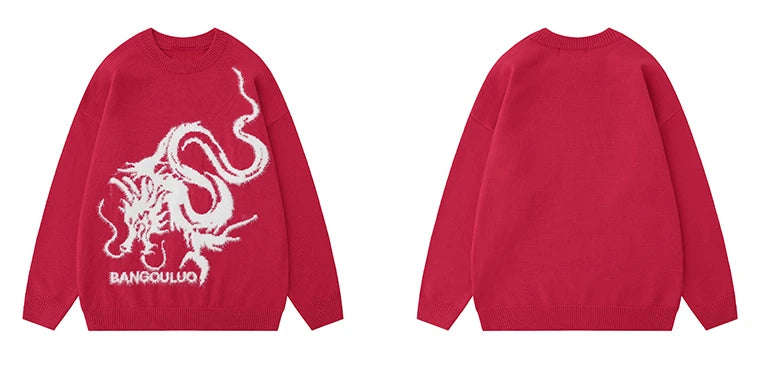 hip hop harajuku dragon pattern knitted sweater unisex o neck pullover streetwear y2k casual loose sweater warm jumper knitwear unique limited edition hoodie, Y2K vintage urban hoodie, streetwear fashion hoodie
