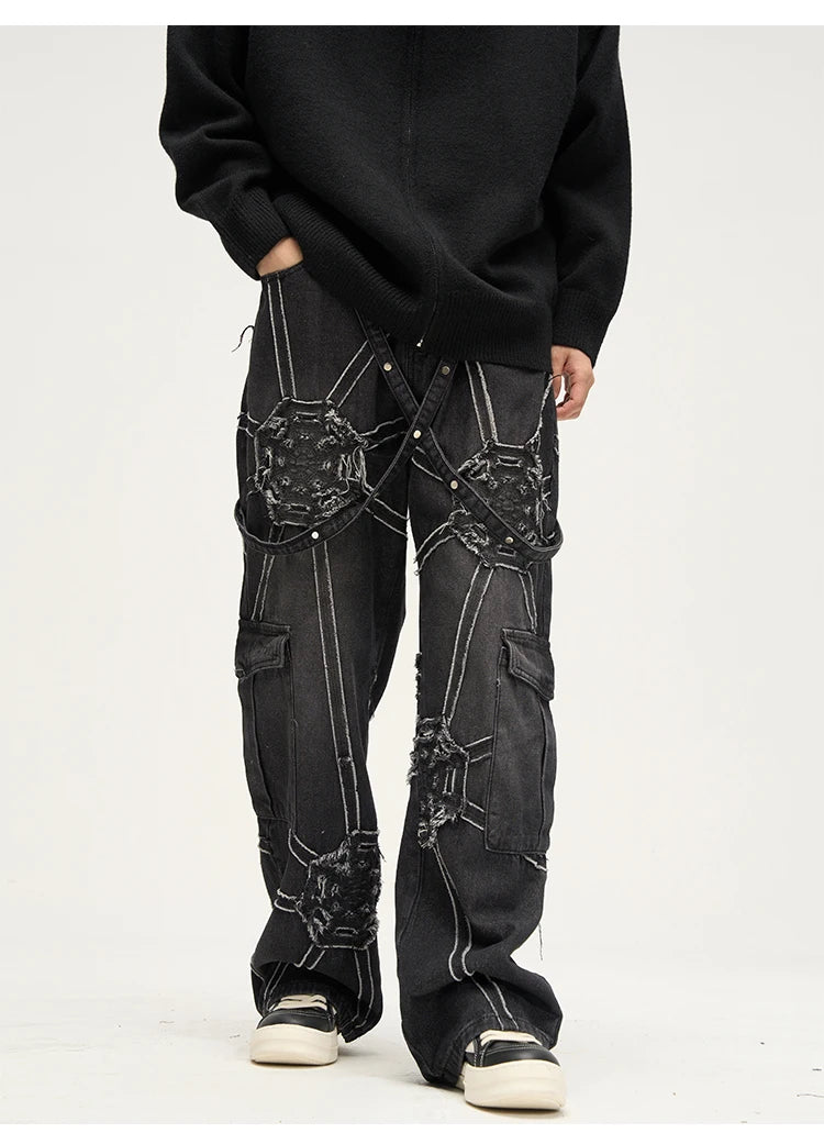 punk belt denim jeans pants women harajuku streetwear side pocket cotton men unisex casual baggy joggers straight pants trousers unique joggers style 4366
